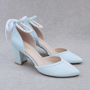 Satin Almond Toe Block Heel with All Pearl Ankle Strap - Women Wedding Shoes, Bridesmaids Shoes, Something Blue