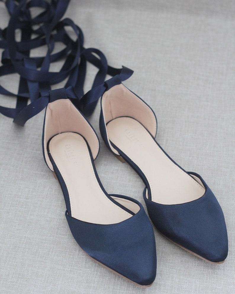 Navy Blue Satin Pointy Toe Flats With Satin ANKLE TIE or | Etsy Australia