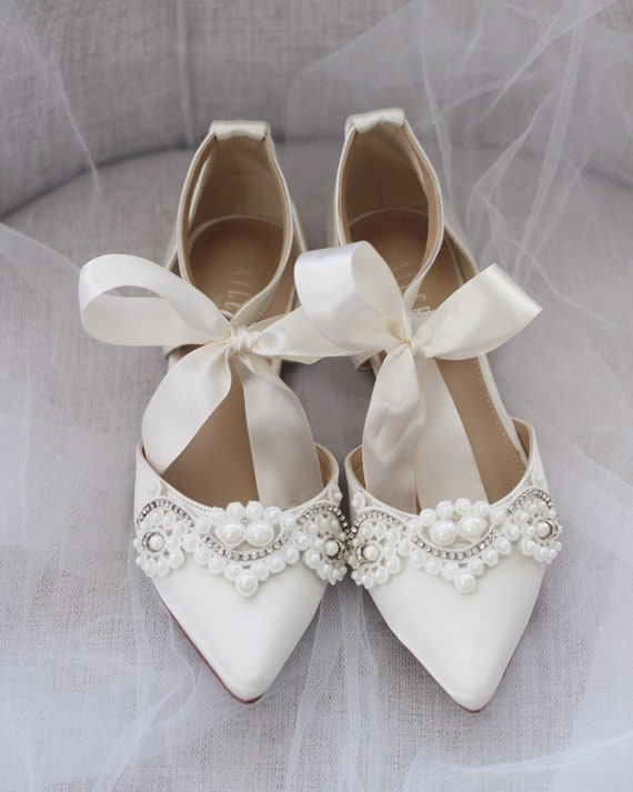 Ivory Satin Pointy Toe Flats With Pearls And Rhinestones Etsy