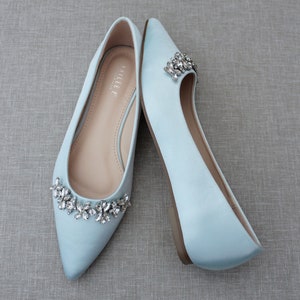 Light Blue Satin Pointy Toe Flats with FLORAL RHINESTONES Embellishments, Women Shoes, Light Blue Wedding, Something Blue, Bridesmaid Shoes image 5