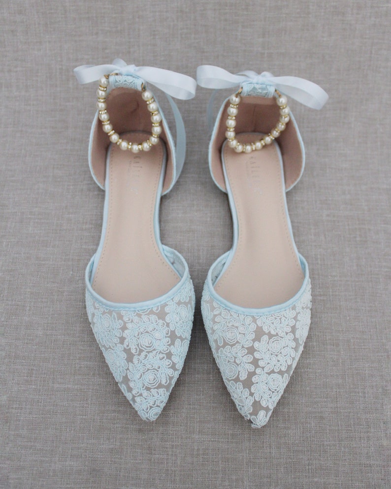 Light Blue Crochet Lace Pointy Toe Flats With Pearls Ankle - Etsy