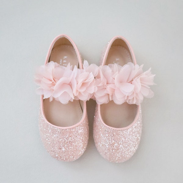 Dusty Pink Rock Glitter Mary Jane with Chiffon Flowers for Girls Costume Shoes, Halloween Shoes, Costume Flats, Flower Girls, Birthday Shoes