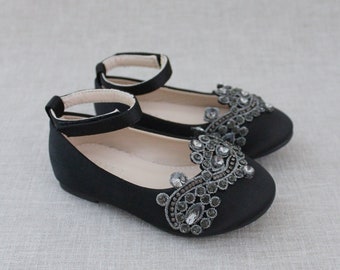 Black Satin Flats with Small Rhinestones Applique, for Flower Girls, Birthday Shoes, Formal Shoes, Girls Ballet Flats, Costume Shoes