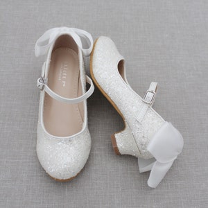 Girls Heel Glitter Shoes - White Rock Glitter mary-jane heels with added satin bow, Baptism and Christening Shoes, Holiday Shoes