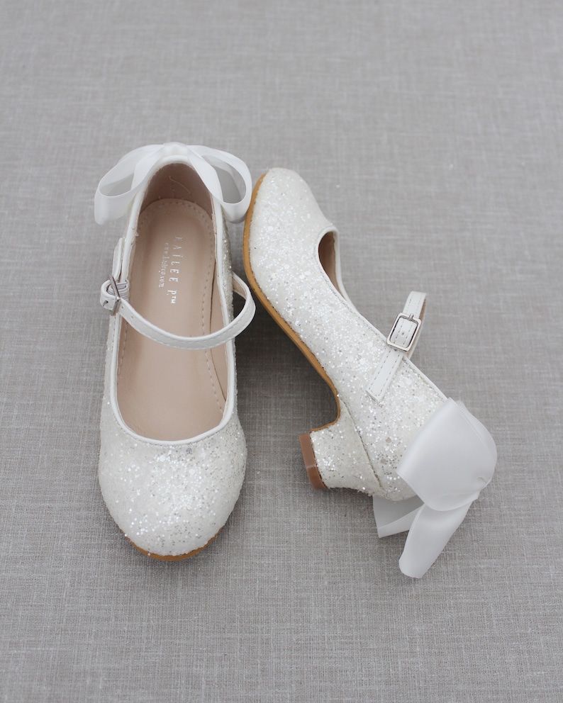 Girls Heel Glitter Shoes White Rock Glitter mary-jane heels with added satin bow, Baptism and Christening Shoes, Holiday Shoes image 1
