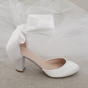 White Satin Block Heel With WRAPPED SATIN TIE Women Wedding - Etsy