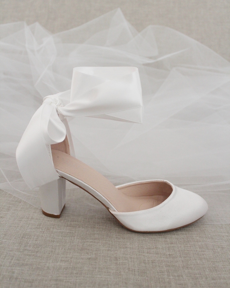 white satin block heels