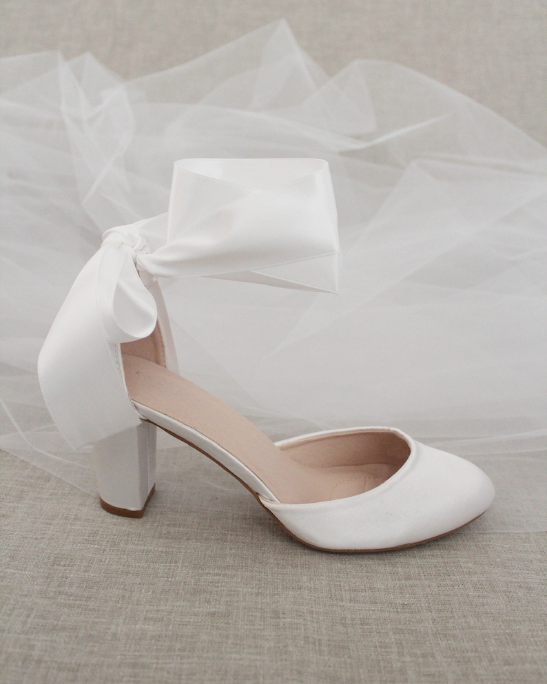 White Satin Block Heel With WRAPPED SATIN TIE Women Wedding - Etsy