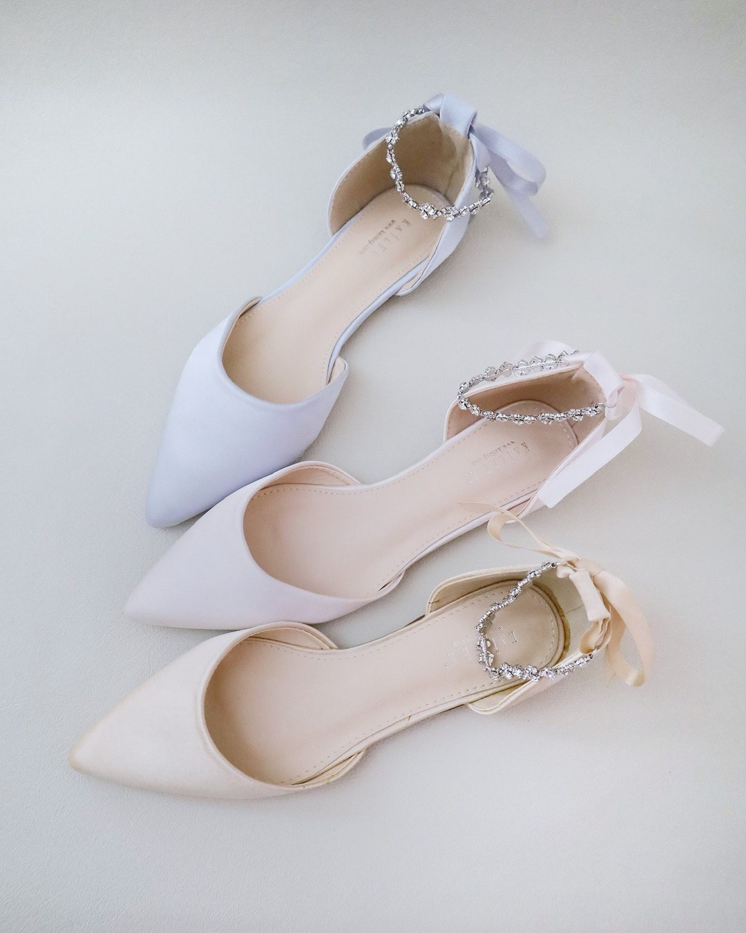 Satin Pointy Toe Evening Flats With Amaryllis Strap, Fall Wedding Shoes