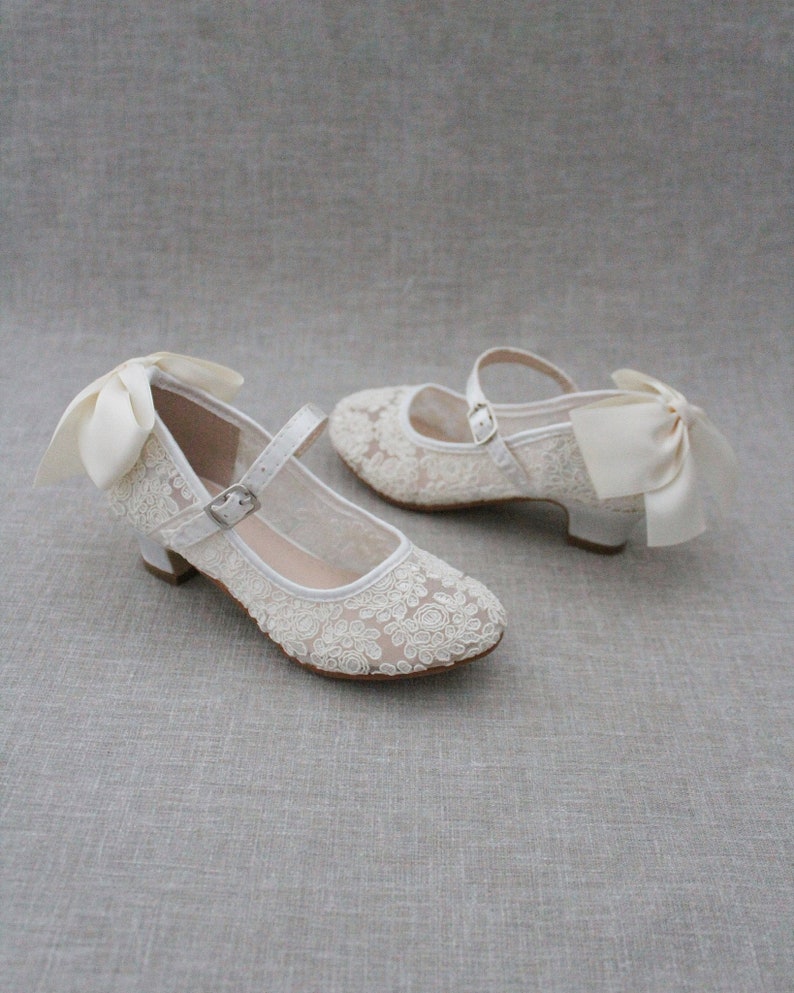Ivory Lace Mary Jane Heels With Satin Back Bow Flower Girl - Etsy