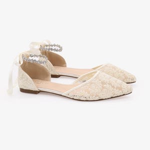 Ivory Crochet Lace Pointy Toe Flats with Amaryllis Crystal Strap, Women Wedding Shoes, Bridal Flats, Bride Shoes, Lace Flats, Wedding Flats