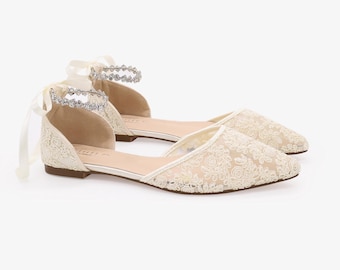 Ivory Crochet Lace Pointy Toe Flats with Amaryllis Crystal Strap, Women Wedding Shoes, Bridal Flats, Bride Shoes, Lace Flats, Wedding Flats