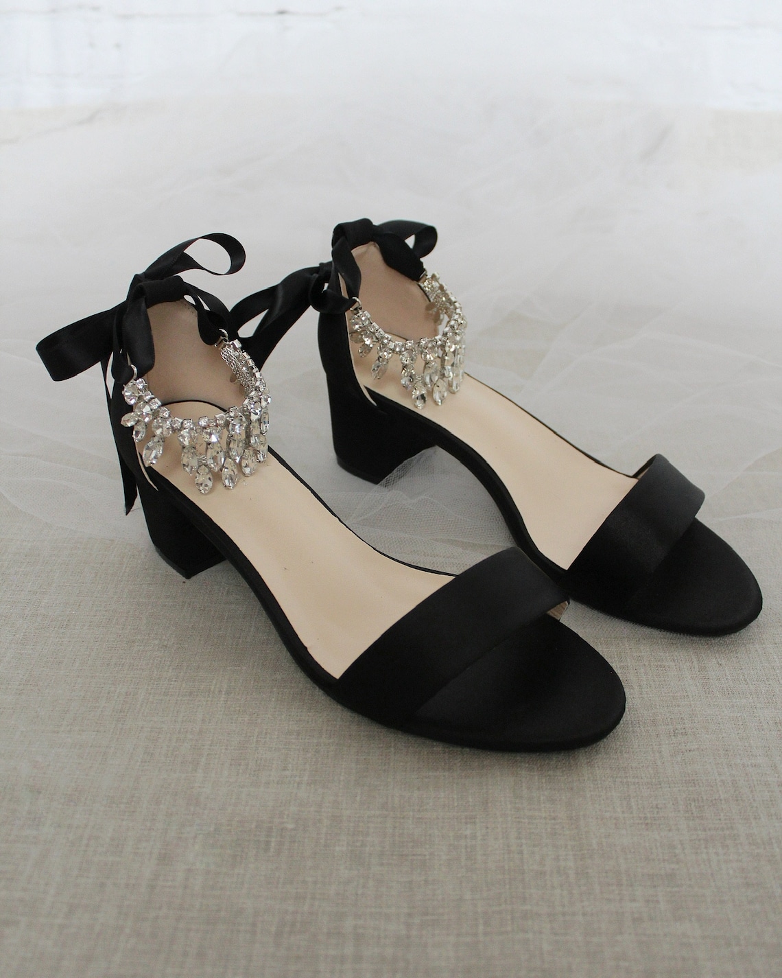 Black Satin Block Heel Sandal with Embellished Dangled image 1