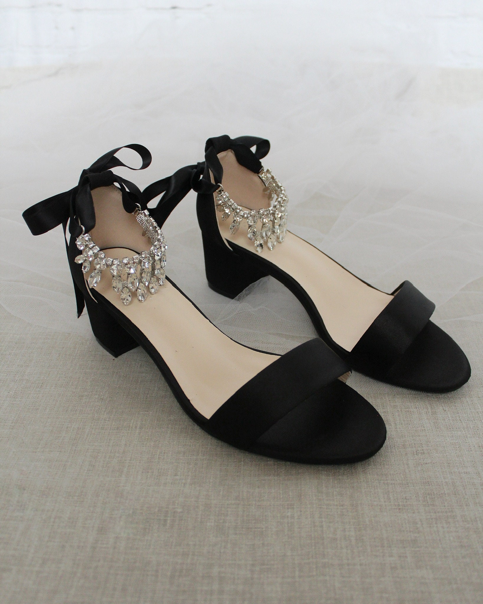 Black Satin Block Heel Sandal With 