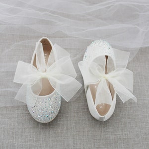 Ivory Satin Mary Jane Flats With IVORY CHIFFON BOW and Rhinestones- for ...
