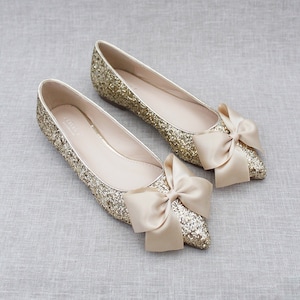 Gold Rock Glitter Pointy Toe Flats with Oversized SATIN BOW, Women Wedding Shoes, Bridesmaid Shoes, Glitter Shoes, Gold Holiday Shoes BOW