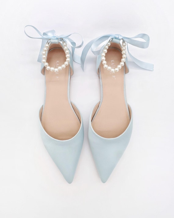 Light Blue Satin Pointy Toe Flats With ALL PEARLS Ankle Strap