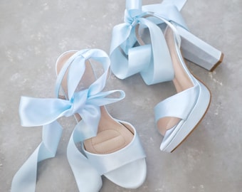 Light Blue Satin Platform Block Heel Wedding Sandals with Wrapped Ankle Tie, Women Shoes, Bridesmaid Shoes, Bridal Shoes, Something Blue