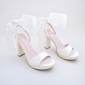 Ivory Satin Platform Block Heel Wedding Sandals with Wrapped Ankle Tie - Women Shoes, Bridesmaid Shoes, Bridal Shoes, Wedding Heels