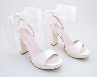 Ivory Satin Platform Block Heel Wedding Sandals with Wrapped Ankle Tie - Women Shoes, Bridesmaid Shoes, Bridal Shoes, Wedding Heels