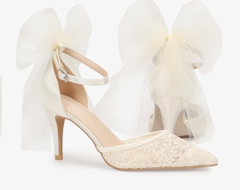 Ivory Crochet Lace Pointy toe HEELS with TULLE Back Bow, Women Wedding Shoes, Bridesmaid Shoes