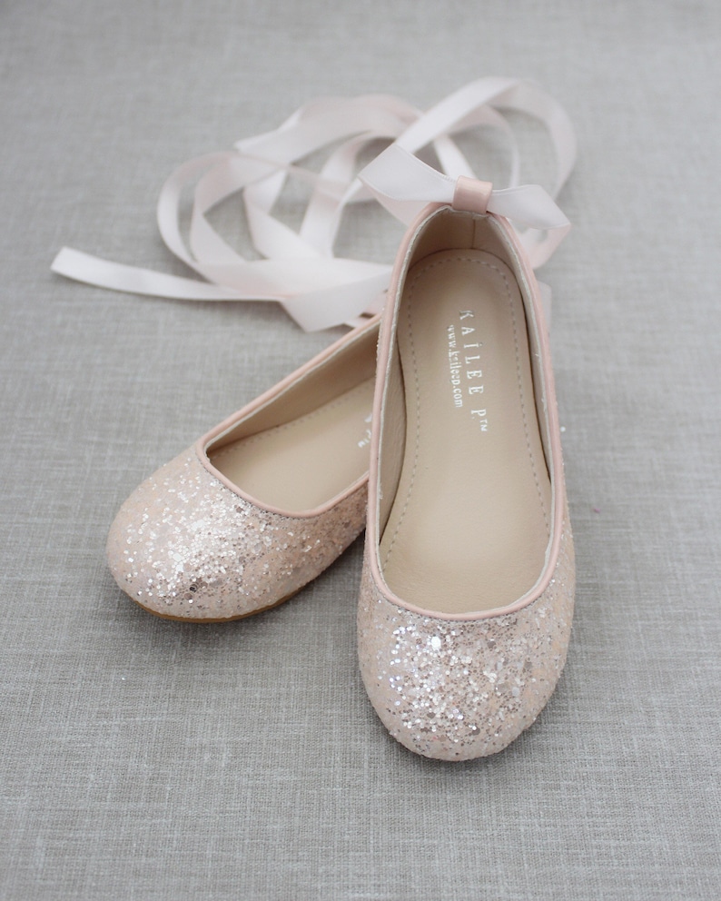 Infant and Toddler Shoes Flower girl shoes DUSTY PINK rock glitter ballet flats with Satin Ankle Tie or Ballerina Lace Up Girls Shoes
