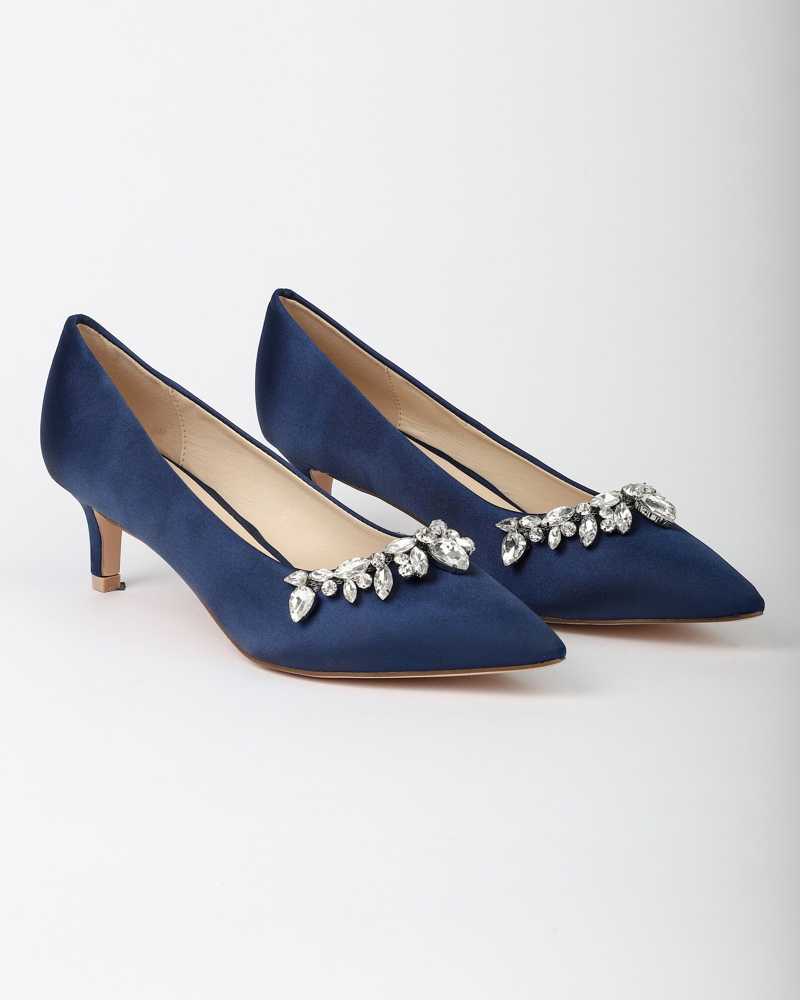 Navy Satin Pointy Toe Pump Low Heels With TEARDROP RHINESTONE - Etsy