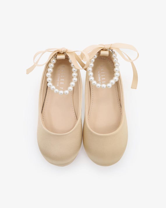 Champagne Satin Flats With All Pearls Ankle Strap Flower Girls