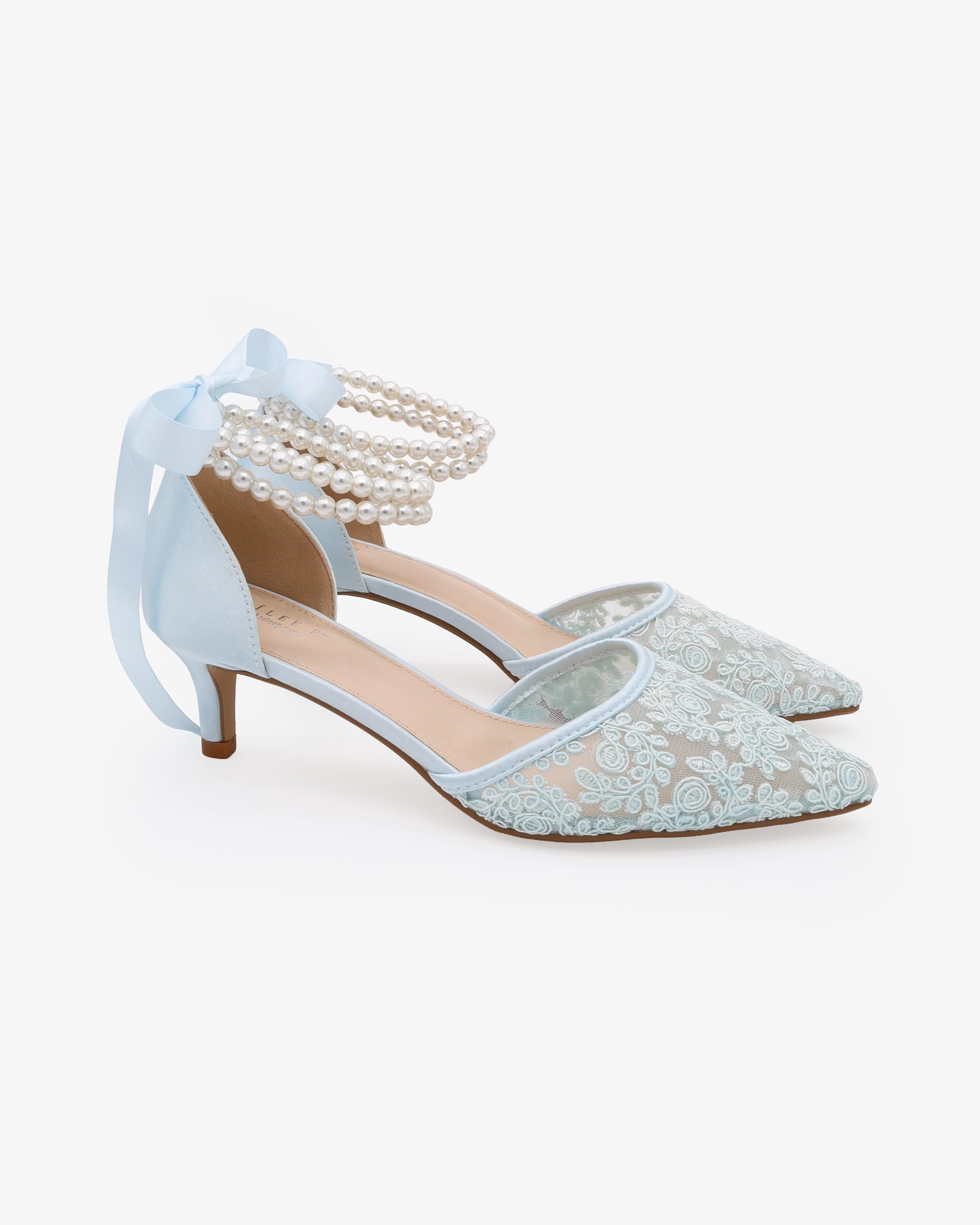 Light Blue Crochet Lace Pointy Toe Wedding Low Heels With Double
