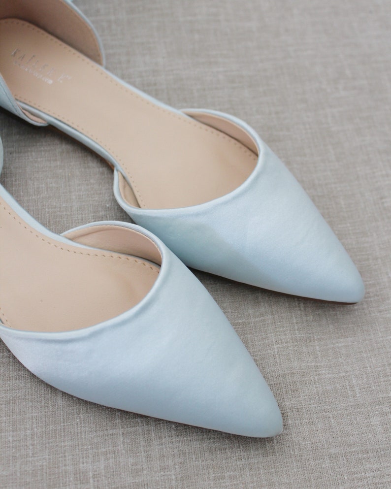 Light Blue Satin Pointy Toe flats with Satin ANKLE TIE Or BALLERINA Lace Up, Wedding Shoes, Something Blue, Blue Bridesmaids Shoes image 5