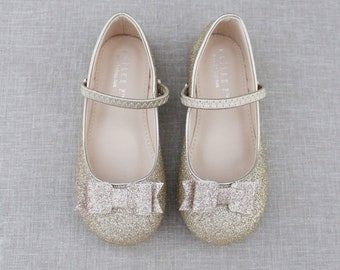 SOFT GOLD Fine Glitter Maryjane with Fine Glitter Tuxedo Bow -  Flower Girls Shoes, Holiday Shoes, Party Shoes