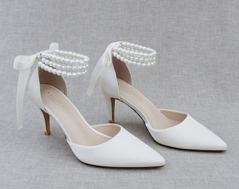 Ivory Satin Pointy Toe Heels with Trinity Pearls Ankle Strap - Wedding Shoes, Bridesmaids Shoes, Evening Shoes, Bridal Shoes, Pearl Shoes
