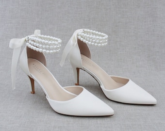 Ivory Satin Pointy Toe Heels with Trinity Pearls Ankle Strap - Wedding Shoes, Bridesmaids Shoes, Evening Shoes, Bridal Shoes, Pearl Shoes