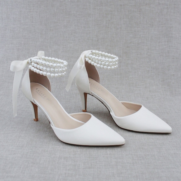 Ivory Satin Pointy Toe Heels with Trinity Pearls Ankle Strap - Wedding Shoes, Bridesmaids Shoes, Evening Shoes, Bridal Shoes, Pearl Shoes