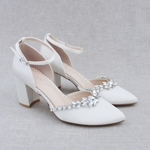 Satin Almond Toe Wedding Block Heel with Marquise Rhinestones, Women Wedding Shoes, Bridal Shoes, Wedding Heels, Block Heels