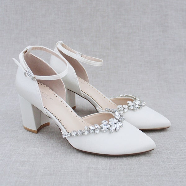 Ivory Satin Almond Toe Wedding Block Heel with Marquise Rhinestones, Women Wedding Shoes, Bridal Shoes, Wedding Heels, Block Heels