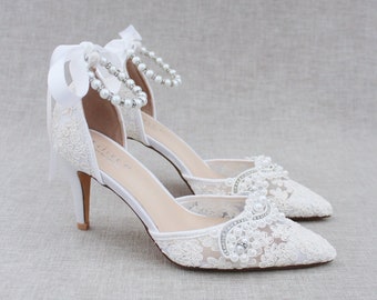 White Crochet Lace Pointy toe HEELS with Small Pearls Applique, Women Wedding Shoes, Bridesmaid Shoes