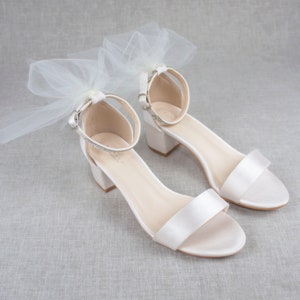 Soft Blush Satin Block Heel Sandal With Ivory TULLE BACK BOW - Etsy