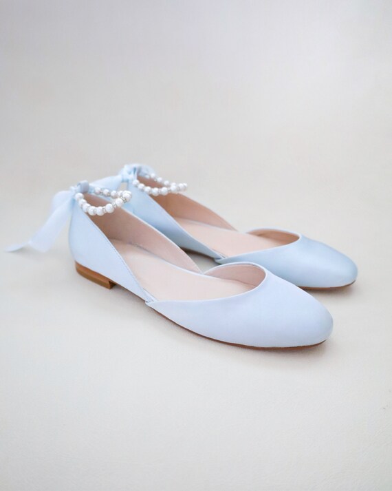 Light Blue Satin Flats With Pearls Ankle Strap Wedding Shoes Bridesmaids Shoes Something Blue Shoes Bridal Flats Etsy Canada