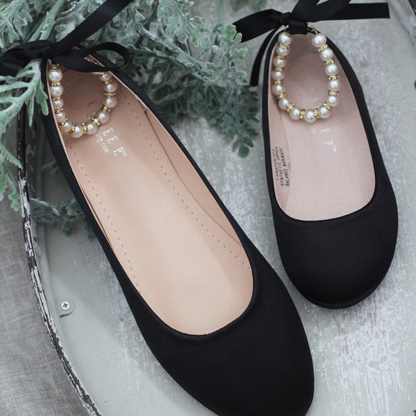 Women & Kids Shoes | Black Satin Flats with Pearls Ankle Strap - Flower girls shoes, Holiday Shoes, Fall Wedding Shoes, Bridesmaids Shoes