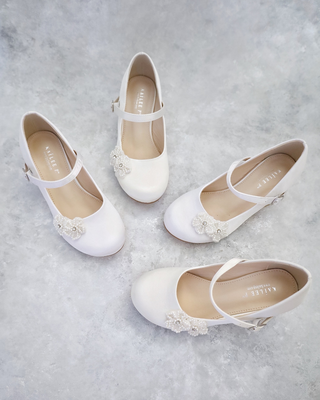 Ivory & White Satin Mary Jane Girls Block Heel With All Pearls Chassia ...
