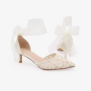 Ivory Crochet Lace Pointy Toe Wedding Low Heels with Wrapped Ankle Tie, Bridal Shoes, Bridal Low Heels, Kitten Heels image 9