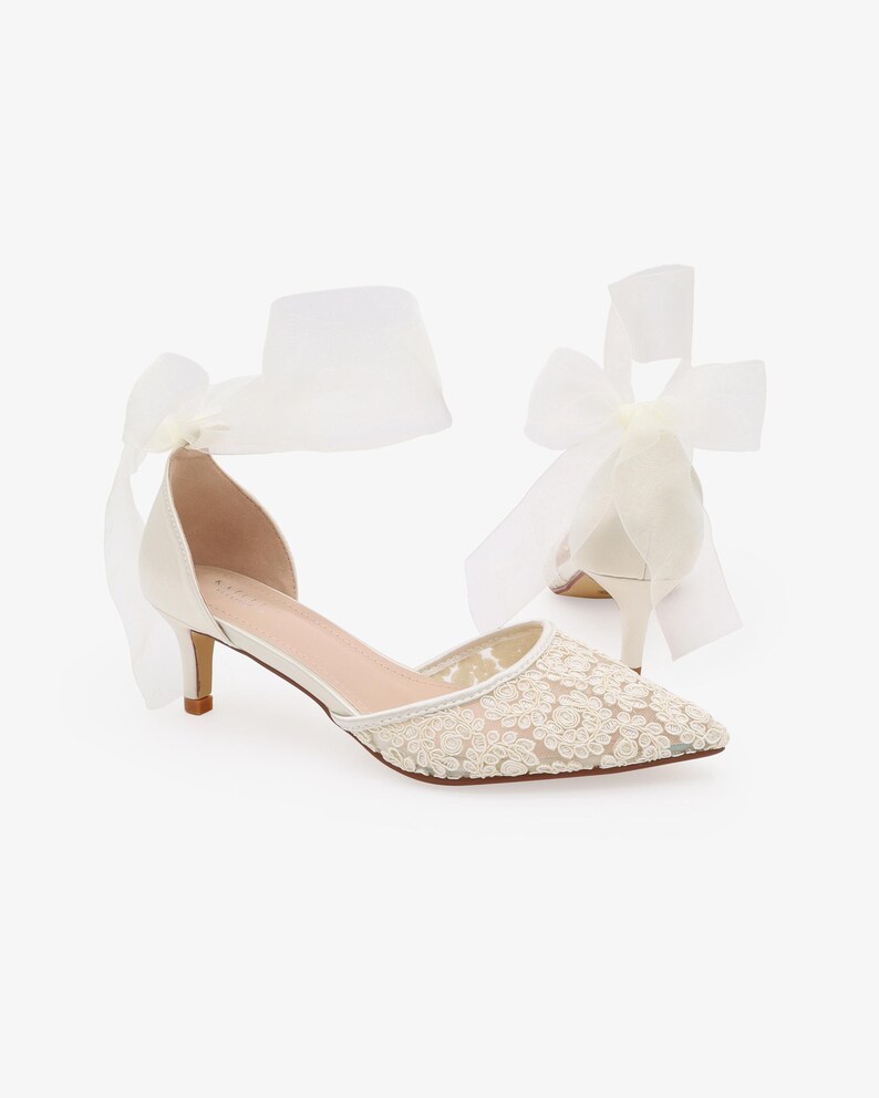 Ivory Crochet Lace Pointy Toe Wedding Low Heels with Wrapped Ankle Tie, Bridal Shoes, Bridal Low Heels, Kitten Heels image 9