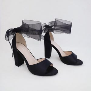 Black Satin Block Heel Evening Sandals with Wrapped Ribbon Tie - Women Party Shoes, Evening Shoes, Bridesmaids Heels WRAPPED SHEER TIE