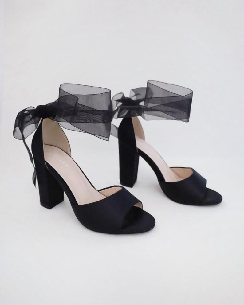 Black Satin Block Heel Evening Sandals with Wrapped Ribbon Tie - Women Party Shoes, Evening Shoes, Bridesmaids Heels WRAPPED SHEER TIE