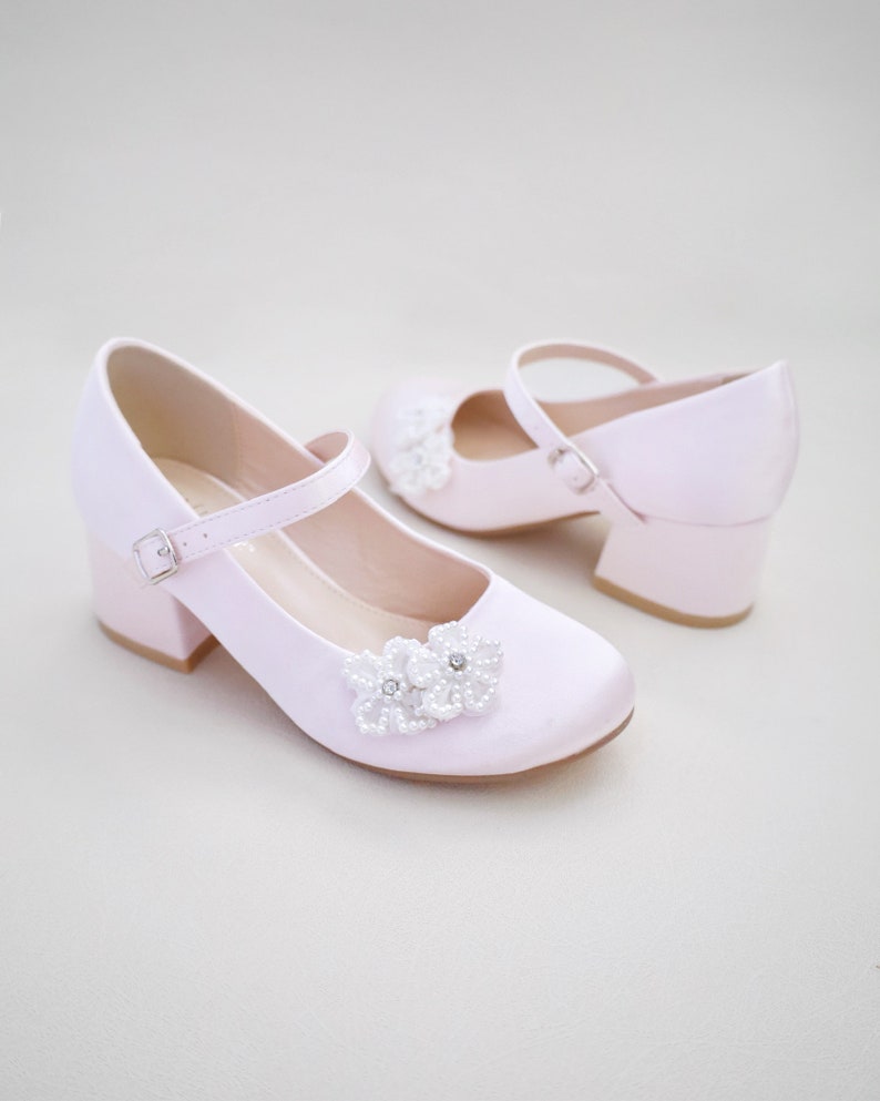 Dusty Pink Girls Satin Mary Jane Block Heel With All Pearls Chassia ...