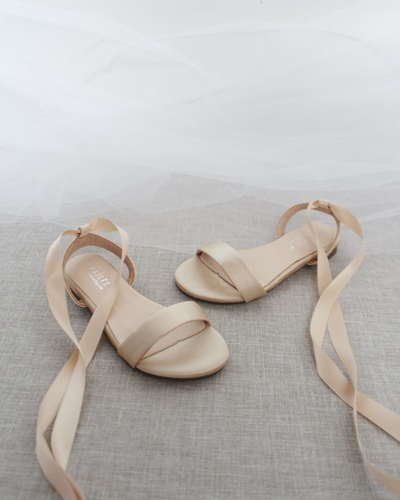Champagne Satin Flat Sandal with Ballerina Lace Up, Bridesmaid Shoes, Women Sandals, Kids Sandals, Mommy and Me Shoes, Fall Wedding Sandals image 6