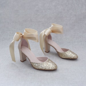 Talon bloc à paillettes dorées avec cravate en satin, chaussures de mariage pour femmes, chaussures de demoiselles d'honneur, chaussures de mariée, chaussures de vacances