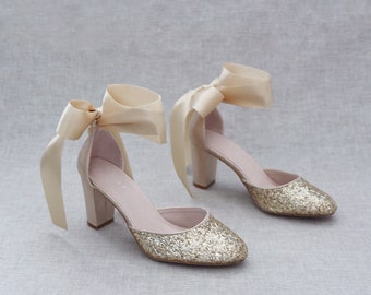 Gold Rock Glitter Block Heel with with WRAPPED SATIN TIE, Women Wedding Shoes, Bridesmaids Shoes, Bridal Shoes, Holiday Shoes