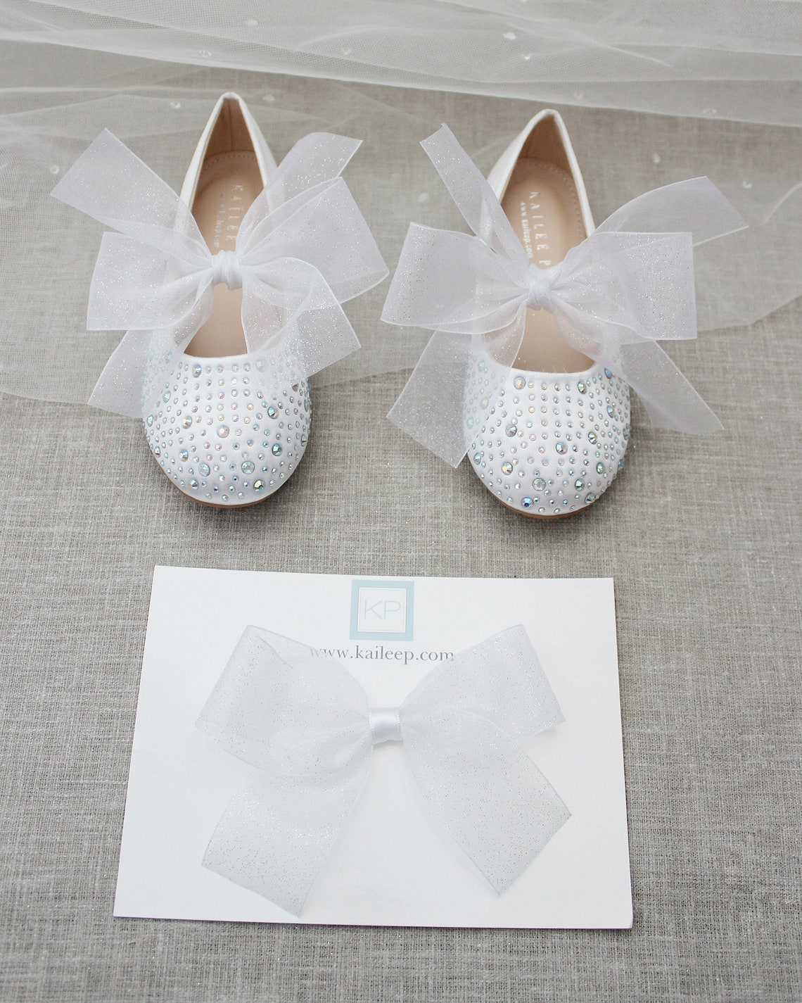 White Satin Mary Jane Flats With White CHIFFON BOW and Rhinestones- for ...